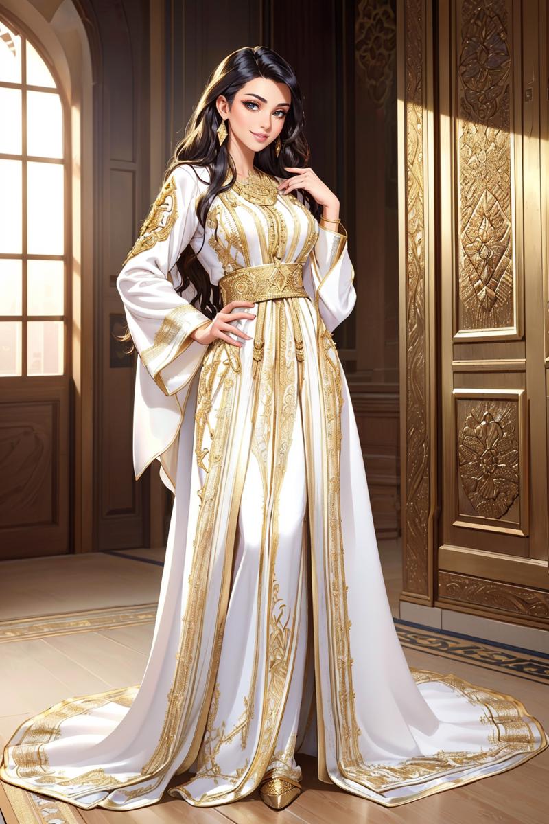 14061-2269635893-((masterpiece,best quality,edgQuality)),(smile),looking at viewer,standing,_edgCaftan, a woman in a white robe with golden embro.png